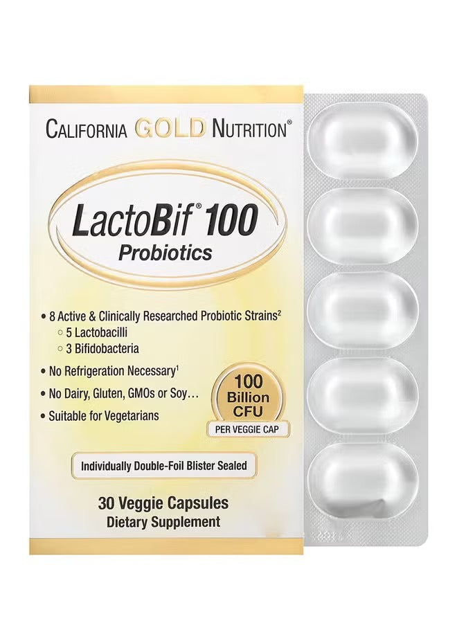 California Gold Nutrition LactoBif 100 Probiotics 100 Billion CFU in a blister pack of 30 veggie capsules