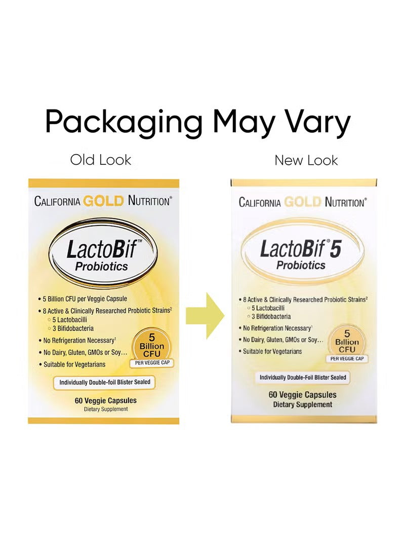California Gold Nutrition LactoBif 5 Probiotics packaging comparison featuring 60 veggie capsules