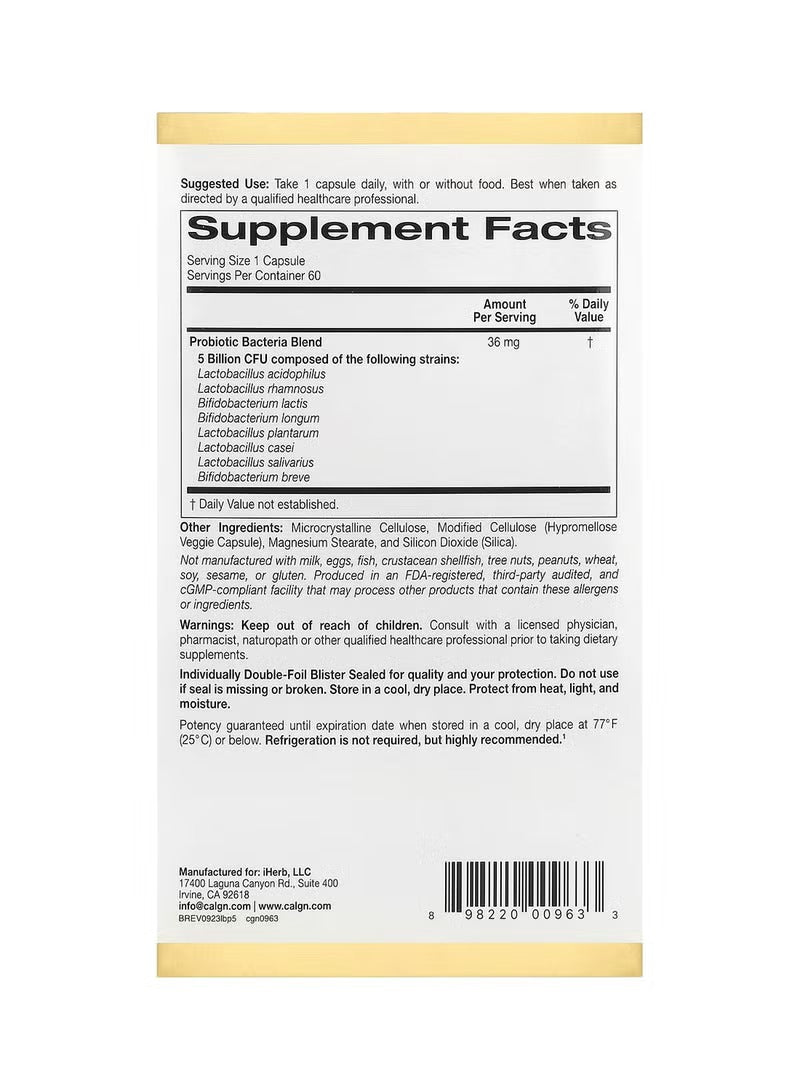 California Gold Nutrition LactoBif 5 Probiotics Supplement Facts on Capsule Label with Serving Information