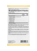 Supplement facts back panel on probiotic package with barcode and directions