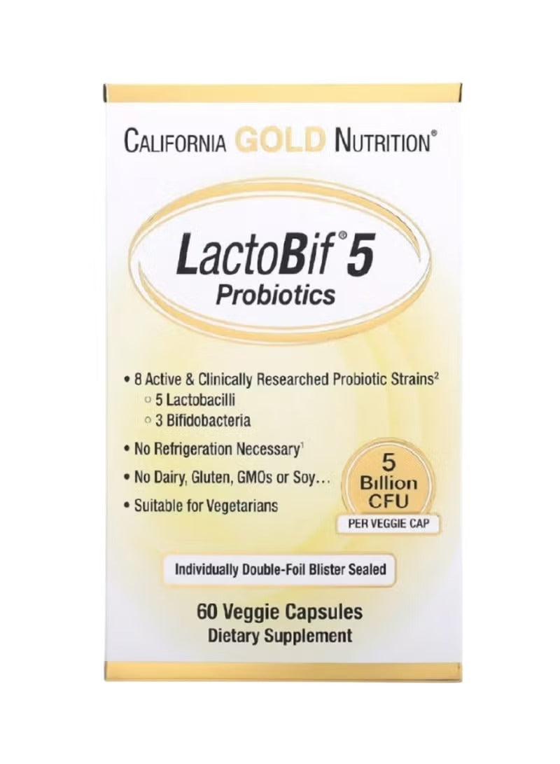 California Gold Nutrition LactoBif 5 Probiotics supplement box with 60 veggie capsules for digestive health