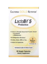 Probiotic supplement box front, LactoBif 5 label, 60 veggie capsules