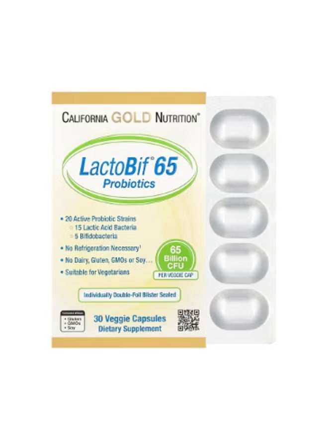 California Gold Nutrition LactoBif 65 probiotics 65 billion CFU in a blister pack of 30 veggie capsules