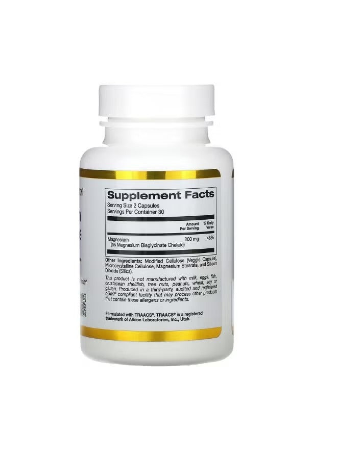 California Gold Nutrition Magnesium Bisglycinate 100 mg capsules bottle showing supplement facts label