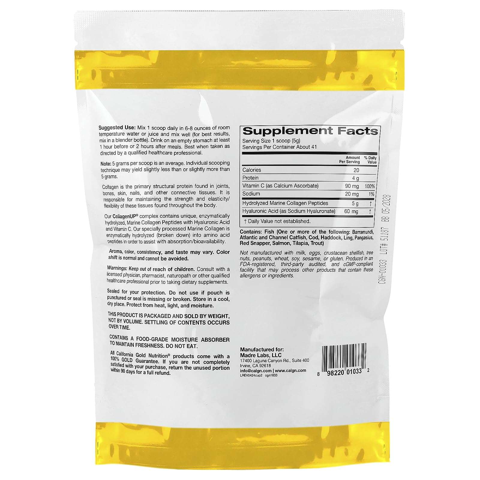 California Gold Nutrition resealable white and gold pouch showing supplement facts label for marine collagen peptides supplement