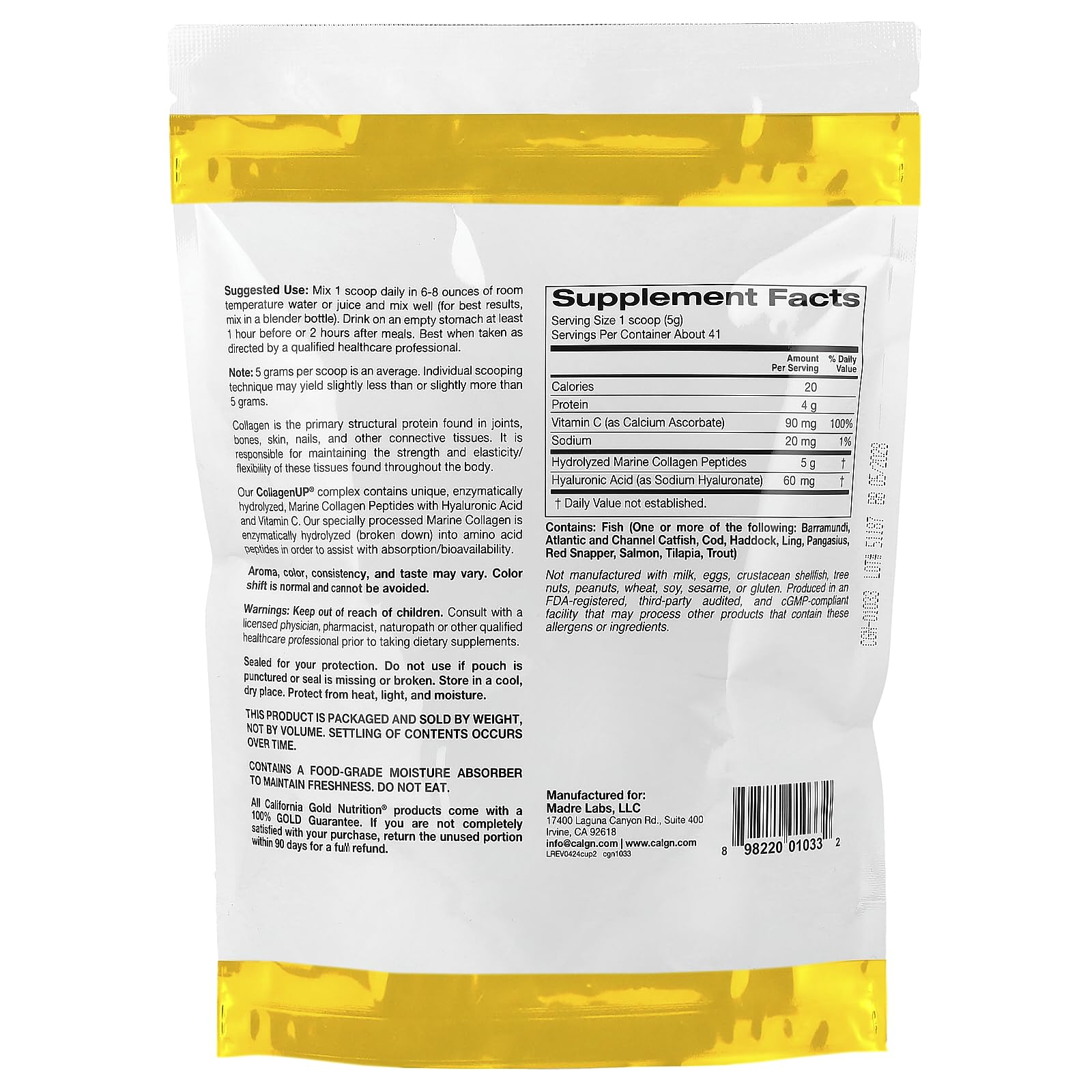 California Gold Nutrition resealable white and gold pouch showing supplement facts label for marine collagen peptides supplement