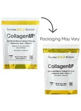 CollagenUp supplement pouch shown front and side, white with gold foil strip