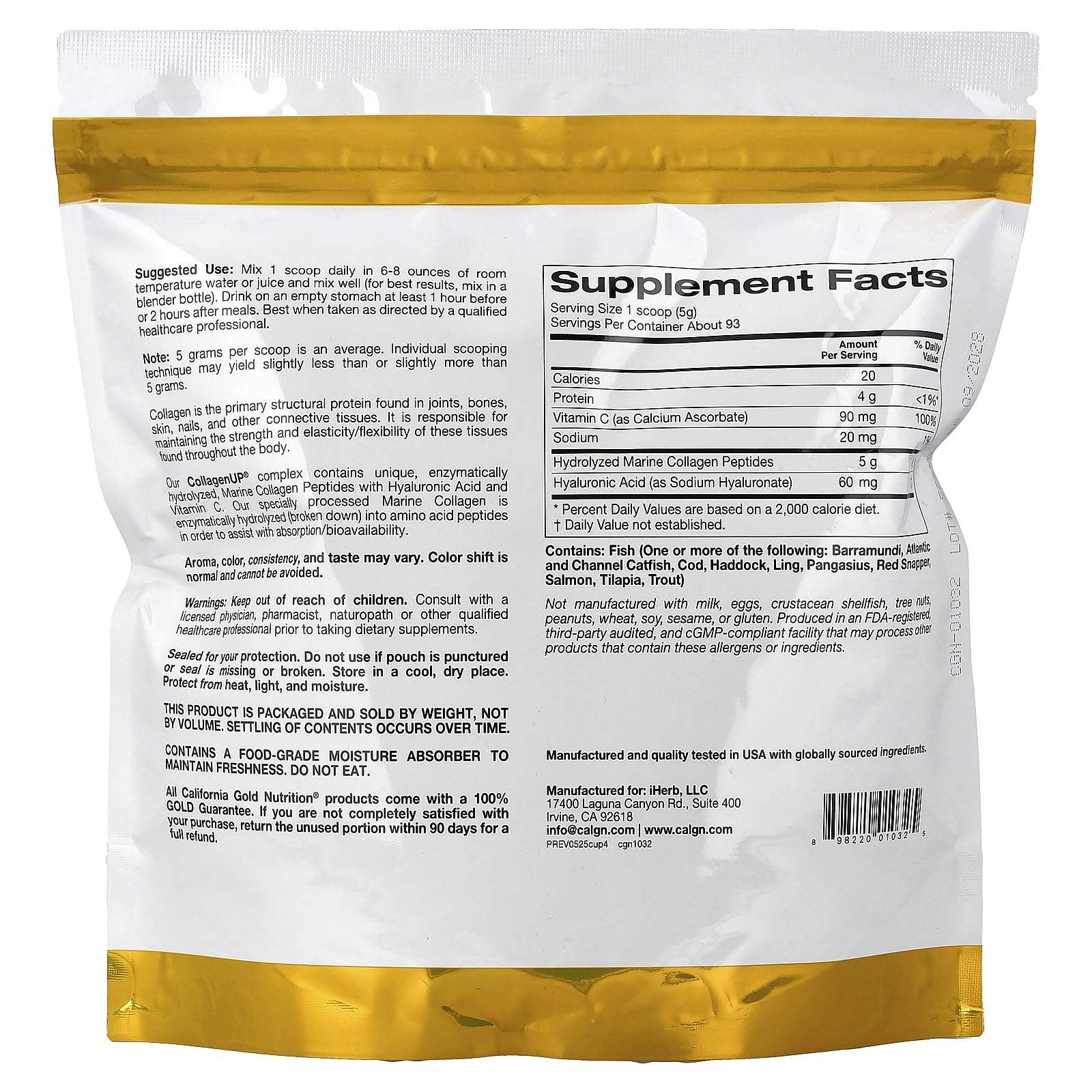 California Gold Nutrition marine collagen peptides supplement bag with nutrition facts listed on the back
