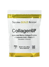 CollagenUp collagen supplement pouch, white with gold foil seal and front label