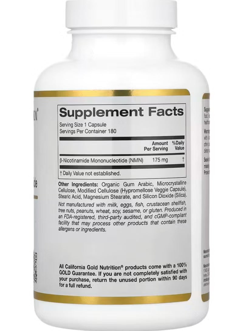 California Gold Nutrition NMN supplement 175 mg in a capsule bottle with supplement facts label