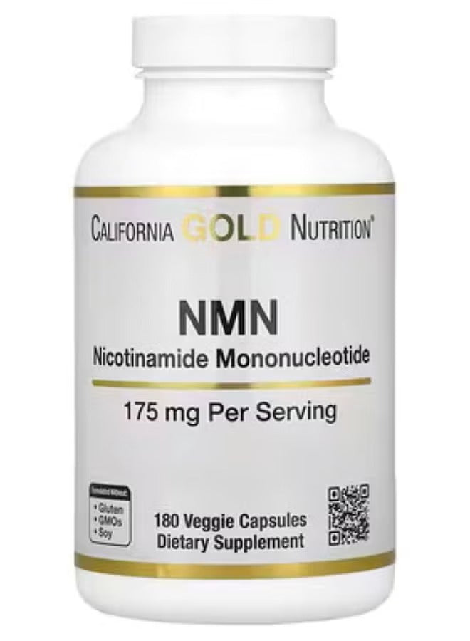California Gold Nutrition NMN supplement 175 mg in a bottle of 180 veggie capsules for dietary support