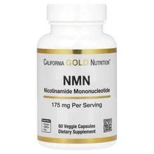 NMN vegetarian supplement bottle with white label, 175 mg NMN, 60 veggie capsules