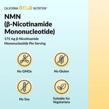 NMN vegetarian supplement panel with icons: no GMOs, no gluten, no soy, suitable for vegetarians