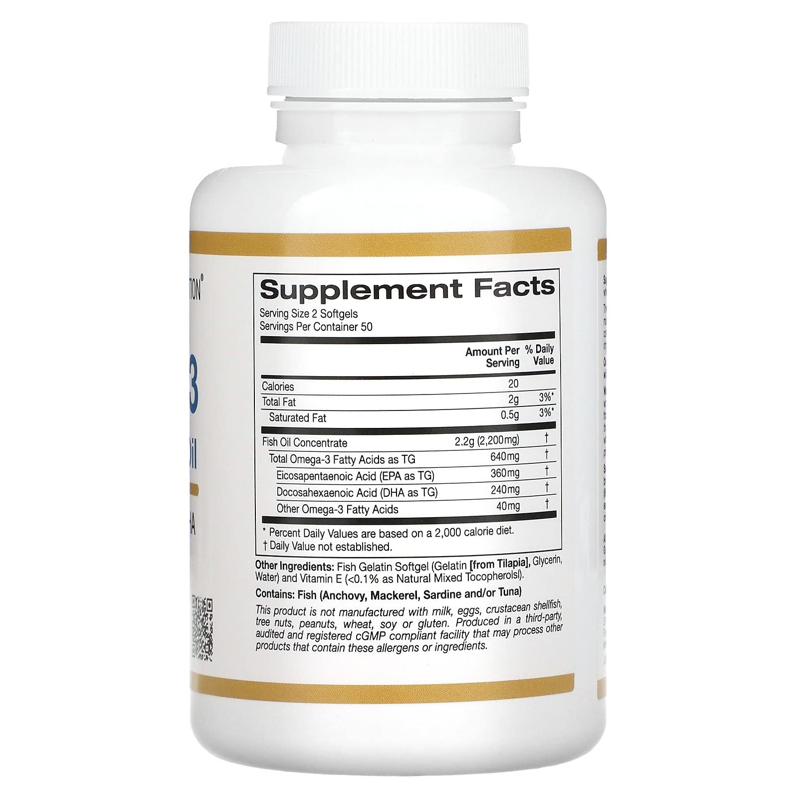 California Gold Nutrition Omega 3 Fish Oil UAE supplement bottle with nutrition facts and dosage information