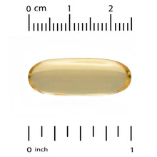 Clear amber omega-3 gelatin softgel capsule with size measurement marks