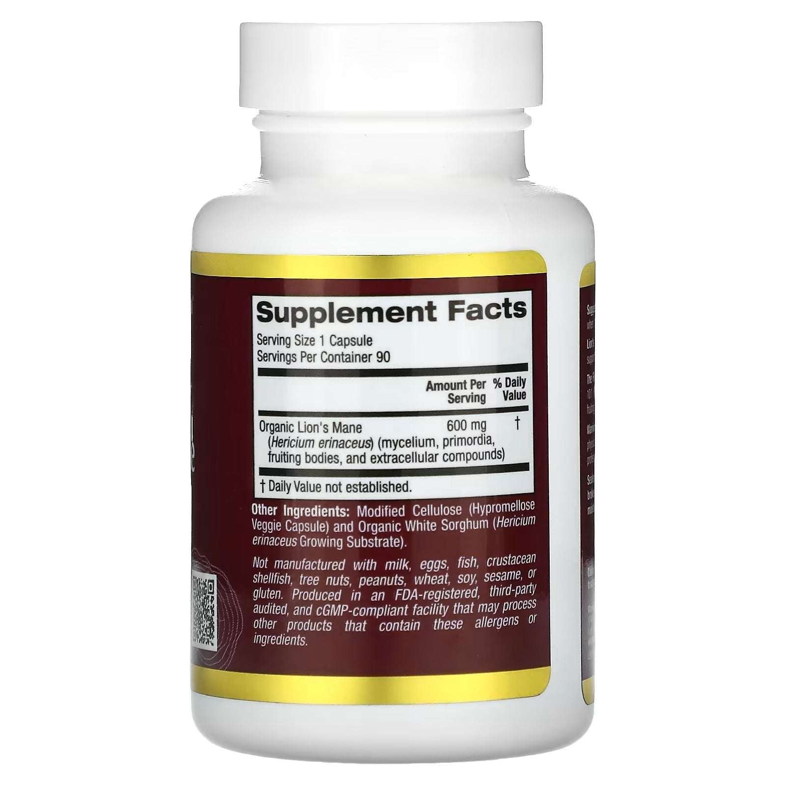 California Gold Nutrition organic lion's mane supplement in capsule form for enhanced cognitive support