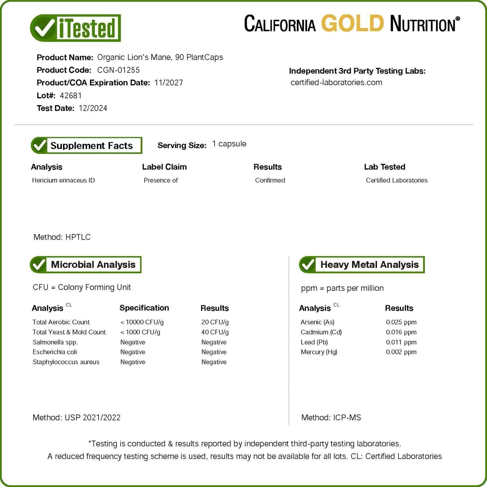 California Gold Nutrition Organic Lion's Mane Supplement COA showing quality and testing results