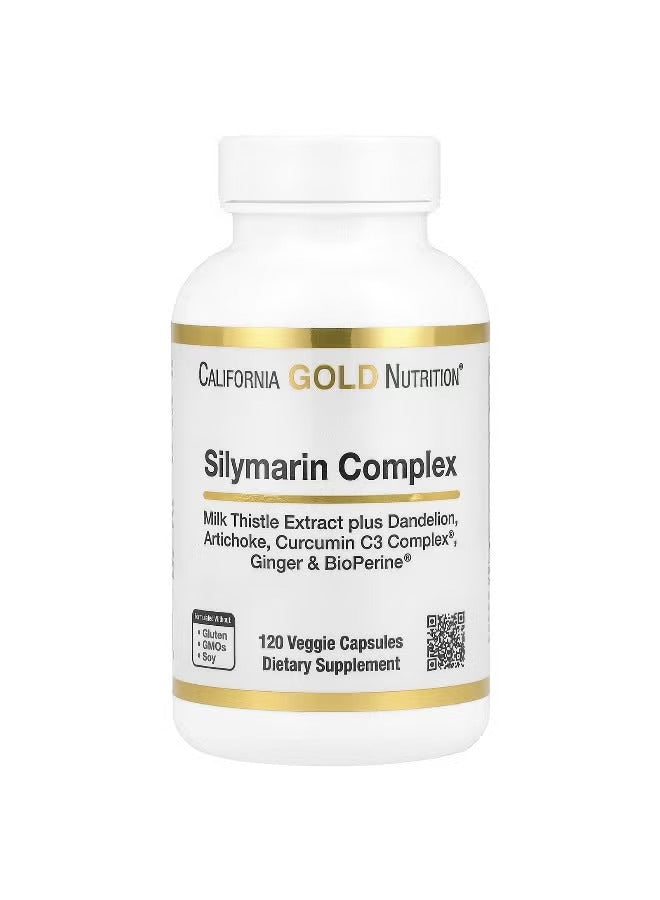 California Gold Nutrition Silymarin Complex liver support supplement in a bottle with 120 veggie capsules