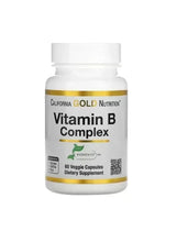 Vitamin B complex supplement bottle with front label and 60 veggie capsules