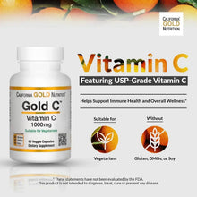 Vitamin C supplement bottle with USP-grade Vitamin C and vegetarian suitability icons
