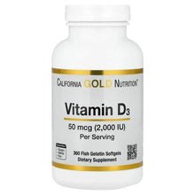 Vitamin D3 softgel bottle, gold-and-black label, 2000 IU (50 mcg) per serving