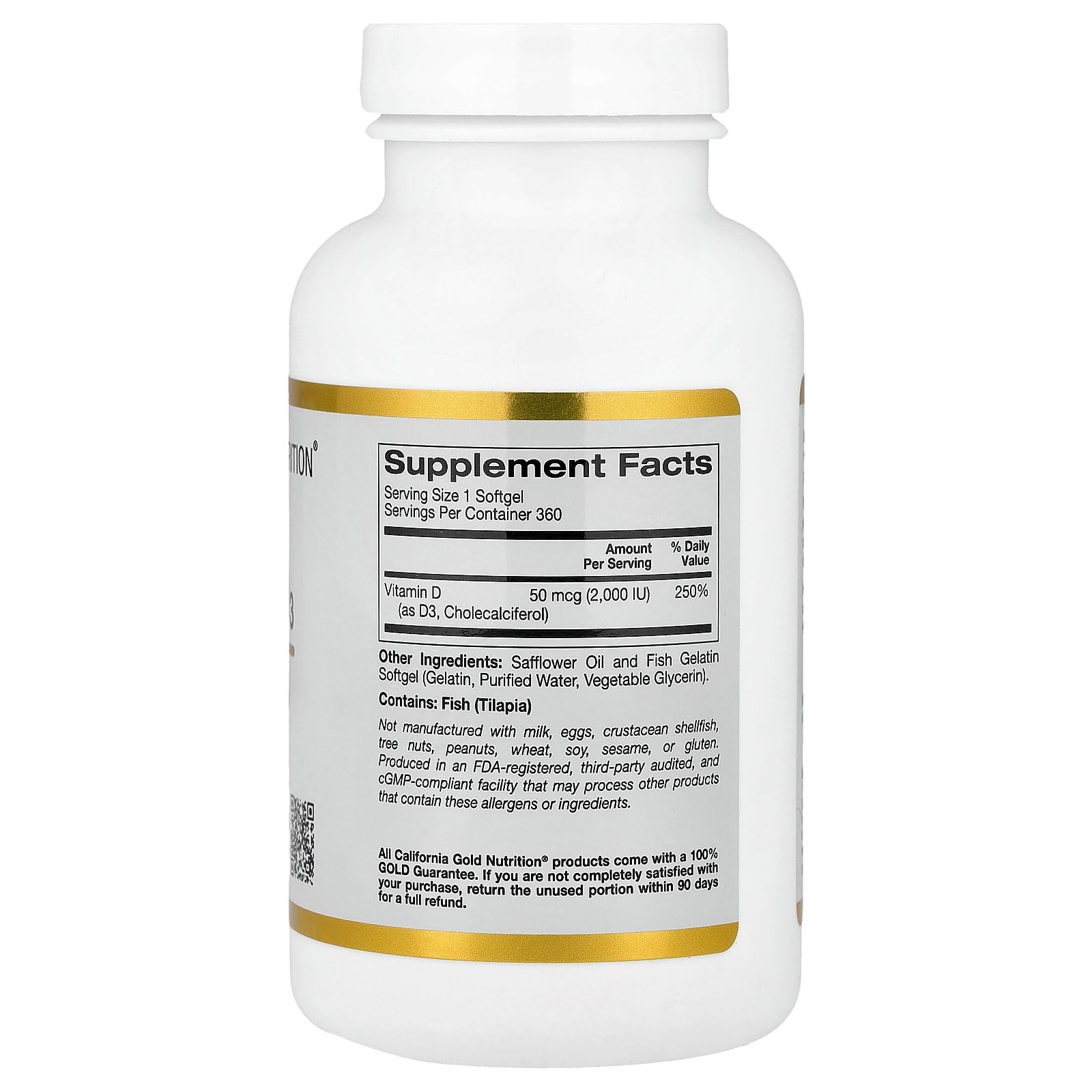 California Gold Nutrition Vitamin D3 2000 IU supplements UAE in a white bottle showing supplement facts