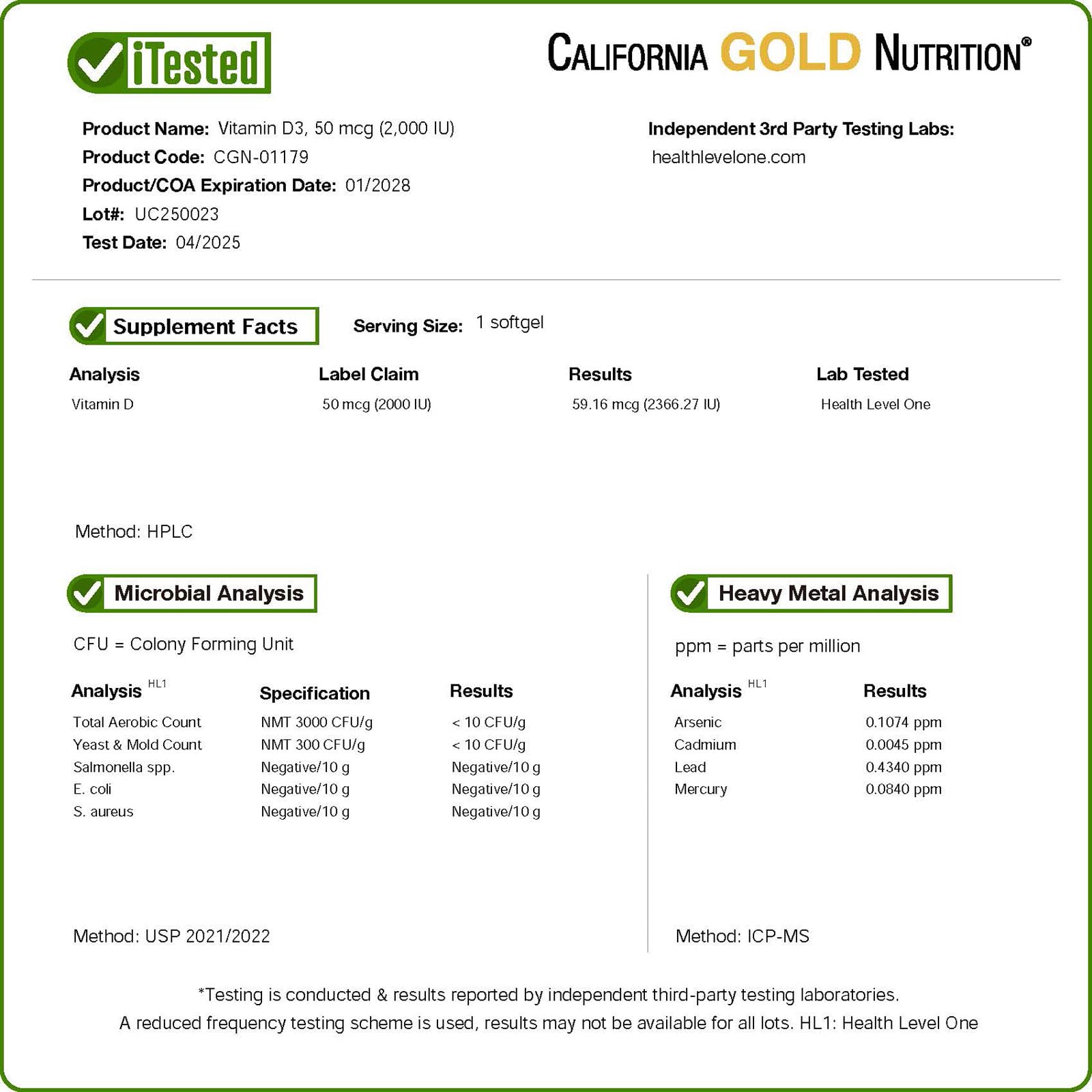 California Gold Nutrition Vitamin D3 2000 IU supplements UAE with supplement facts and analysis results