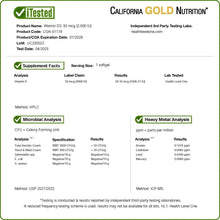Vitamin D3 Supplement Facts label with testing results and analysis tables