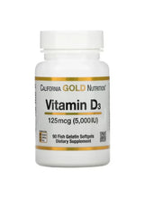 Vitamin D3 supplement bottle with white cap, label shows 125 mcg (5,000 IU) and 90 softgels