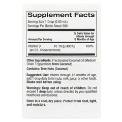 Supplement facts for vitamin D3 drops for babies, showing ingredients and dosage information