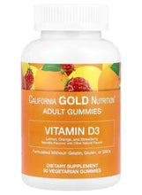 Vitamin D3 adult gummy supplement bottle with lemon, orange, and strawberry label