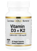 California Gold Nutrition Vitamin D3 + K2 dietary supplement, 60 veggie capsules, bottle
