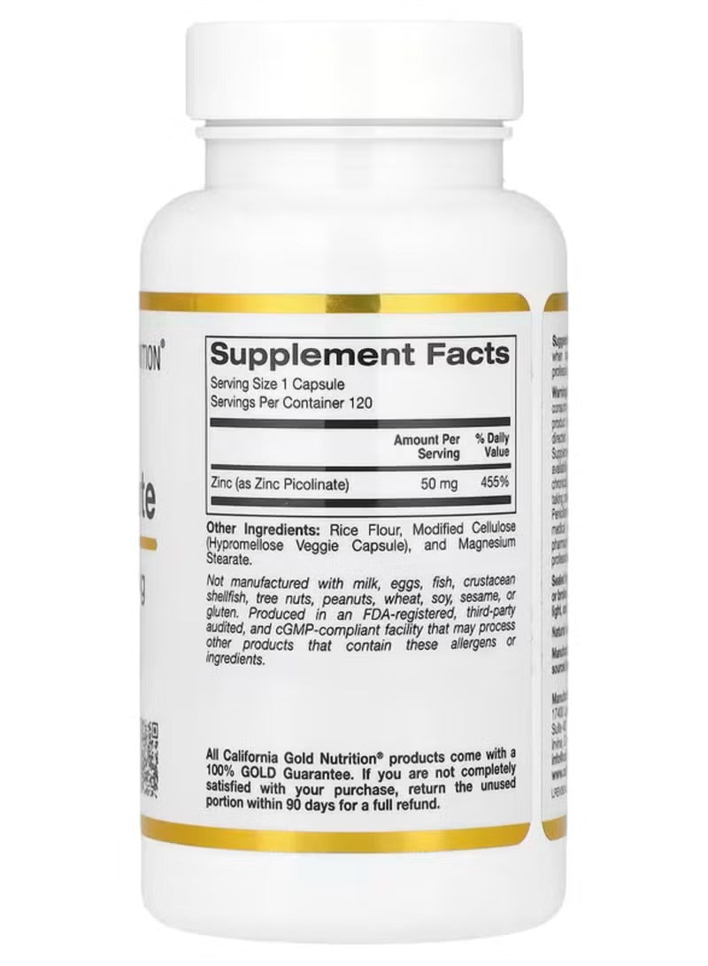 California Gold Nutrition Zinc Picolinate 50mg capsules in a white bottle with supplement facts label