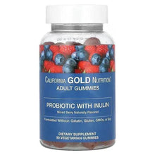Probiotic gummy supplement bottle with mixed berry label and white cap