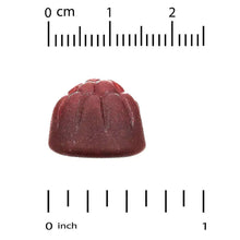 Mixed berry probiotic gummy with molded ridges and size ruler for scale