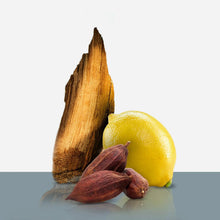 Fragrance ingredients: incense stick, lemon, and cloves on glossy surface