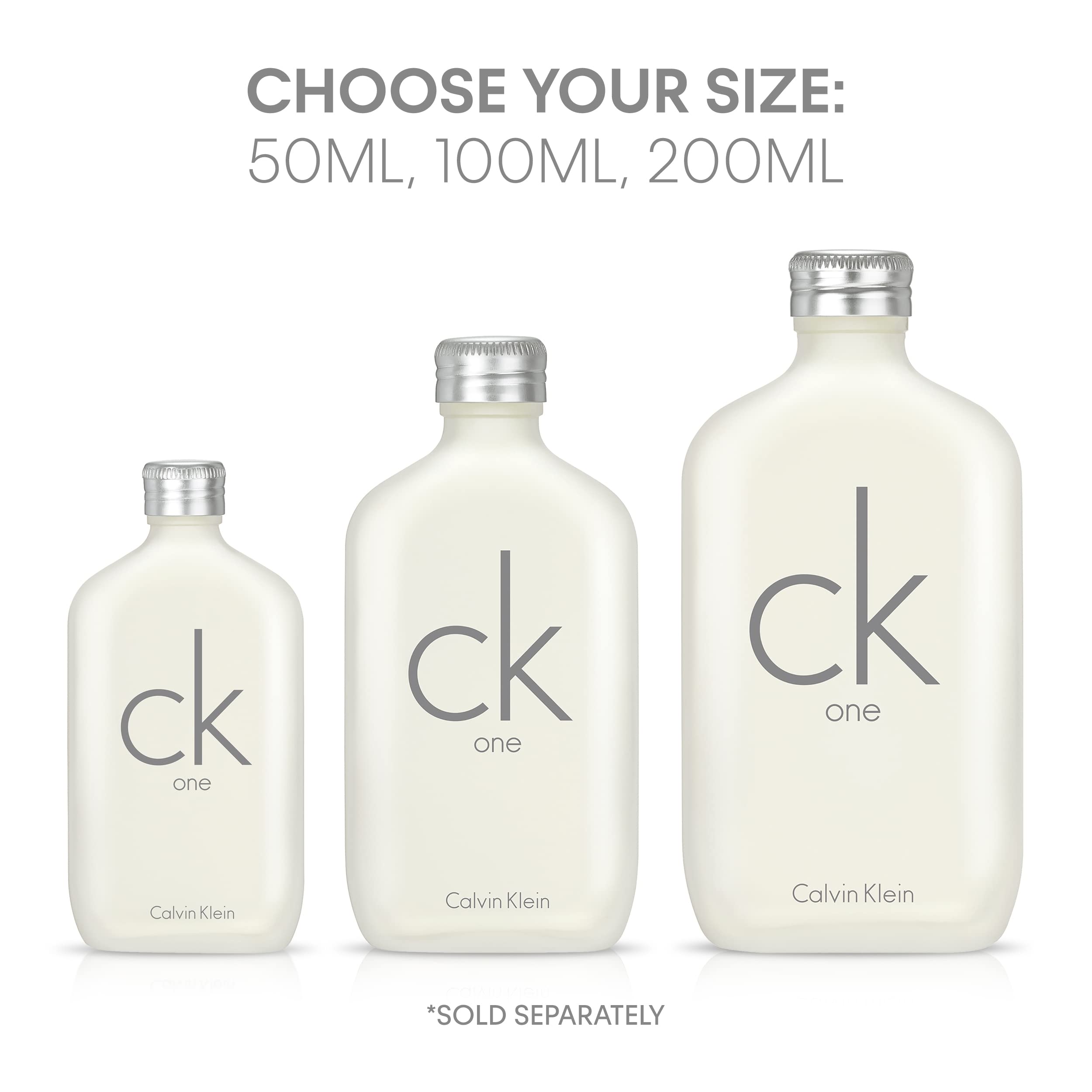 CK One unisex Eau De Toilette 200ml bottle displayed with 50ml and 100ml sizes from Calvin Klein