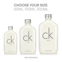 Eau de toilette bottles in 50 ml, 100 ml, and 200 ml sizes with CK One logo