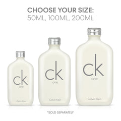 CK One unisex Eau De Toilette 200ml bottle displayed with 50ml and 100ml sizes from Calvin Klein