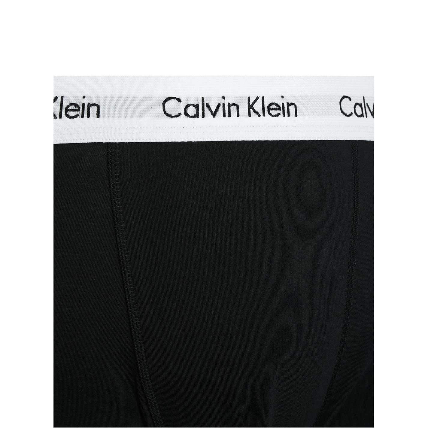 Close-up of black cotton boxer briefs 3 pack with white Calvin Klein waistband logo