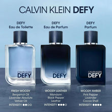 Three DEFY bottles with spray caps, clear and dark-blue containers