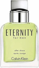 Eternity for Men after shave bottle with silver cap and light green glass, Calvin Klein