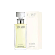 Calvin Klein Eternity Eau de Parfum bottle with cream box, clear glass and pale yellow liquid