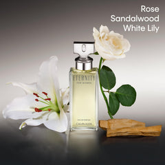 Eternity Eau de Parfum for women 100ml bottle with white lily, rose, and sandalwood accents