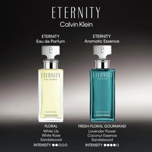 Calvin Klein Eternity Eau de Parfum bottles, pale yellow and teal liquid, side by side