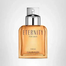 Eternity for Men parfum bottle, silver cap, amber glass front view