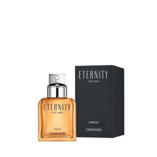 Eternity for Men parfum bottle and dark box, silver cap, amber glass