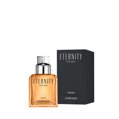 Calvin Klein Eternity For Men Parfum in a glass bottle with a sleek black box packaging