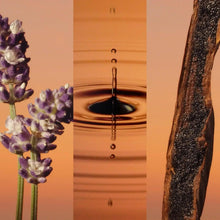 Fragrance concept with lavender flowers, amber liquid droplet, textured amber surface