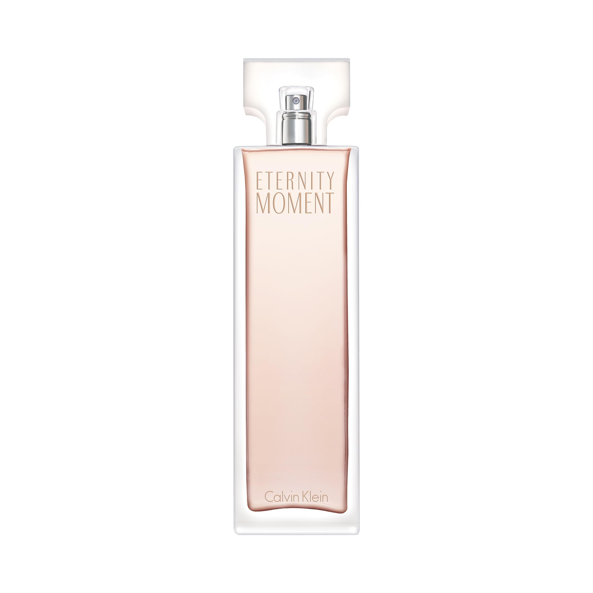 Calvin Klein Eternity Moment perfume bottle with light pink liquid and clear rectangular cap